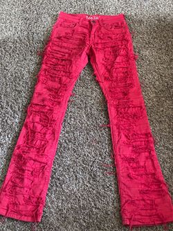 Takers Red Heavily Distressed Stacked Jeans