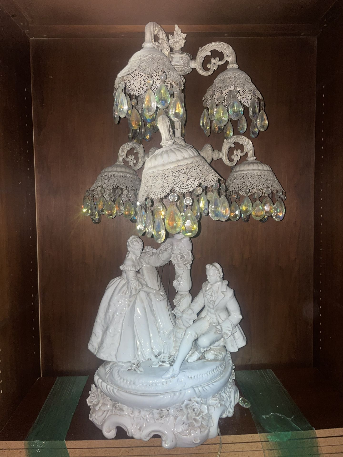 Vintage Porcelain Victorian Couple Lamp with Crystal Prisms