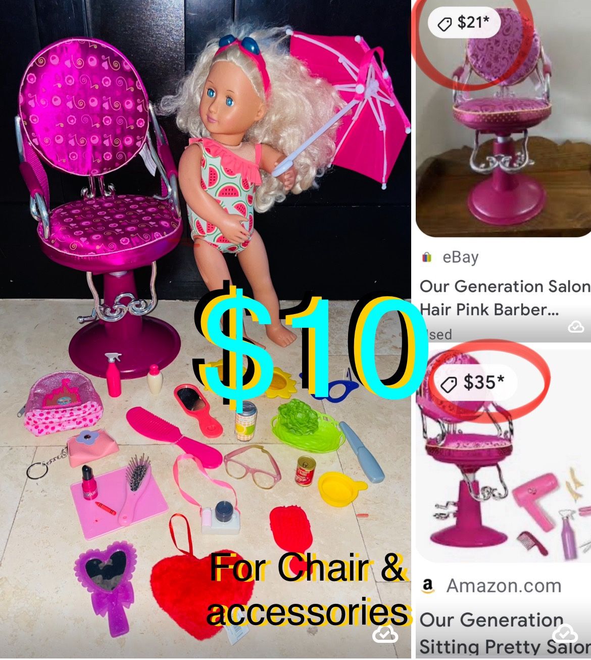 $10 Our Generation Sitting Pretty Salon Chair and accessories, Doll $5