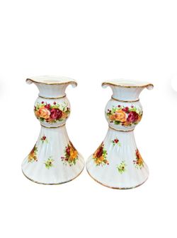 Vintage Royal Albert Old Country Roses Holiday (2006) Candlesticks - Pair (6 1/4”)