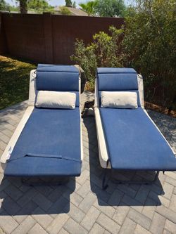 Pair of Adjustable Poolside Chaise Lounge Chairs + Navy Blue +Covers