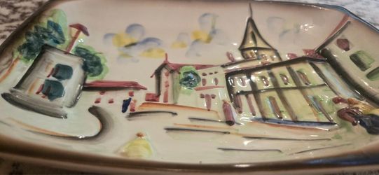 Vtg Wales Jpn Hand Painted High Relief City Platter Ceramic
