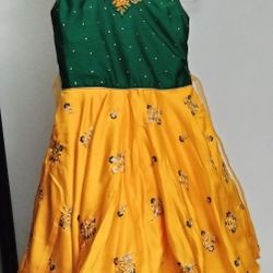 Used Green and Yellow Embroidered Dress
