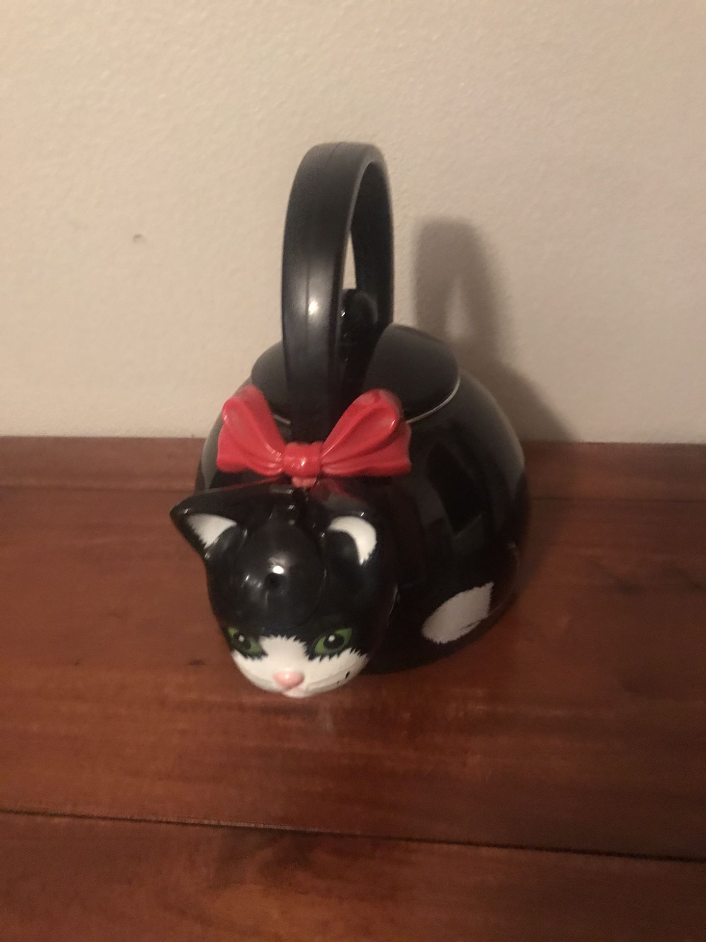 VINTAGE (1995) VIA ANCONA Whistling BLACK CAT TEA KETTLE W/ BELL & Red Bow