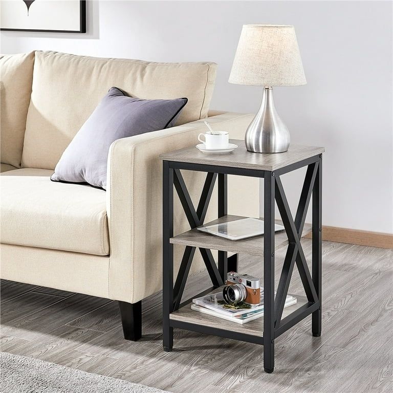 Industrial End Table with 2-Tier Shelves for Small Spaces Living Room, Gray