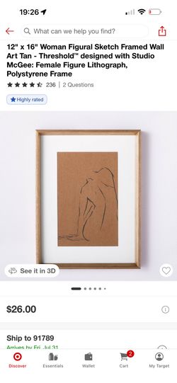 12" × 16" Woman Figural Sketch Framed Wall Art Tan - Threshold™ designed with Studio McGee: Female Figure Lithograph, Polystyrene Frame