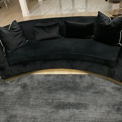 Luxurious Black Velvet Curved Sofa with Gold Base