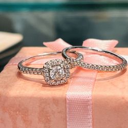14k WG Ladies Diamond Halo Half Bezel Engagement Set