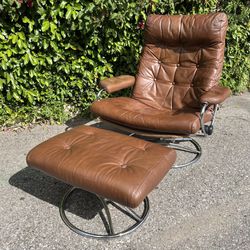 1970s  Ekornes Stressless Cognac Brown Leather Recliner And Ottoman Mid Century Chair