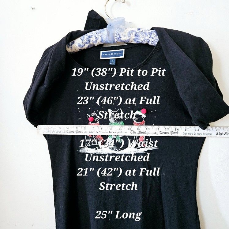 Size Medium Karen Scott Black Long-Sleeved 100% Cotton Shirt with Kitty Cats Design & Red Pom Pom Hat Tassels strategically placed & Express 100% Cash