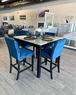 Counter Height Dining Set with 4 Blue Chairs