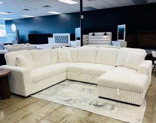 NEW IN BOX- Beige Sectional With USB Charging Ports & Pull-Out Bed & STORAGE CHAISE** Finance $54
