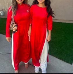 Red Vietnamese ao Dai Dress S M White Pearl Chinese New Year Lunar 