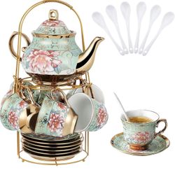 20 Pcs Porcelain Tea Set with Metal Holder, Adult Tea Set Gift