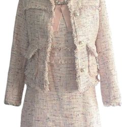 Chanel Inspired Tweed Women's Jacket Blazer And Dress Set Pink Asian Sizing