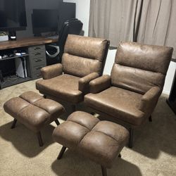 Accent Lounge Chairs with Ottomans (Set of 2) – Faux Leather, Dark Brown