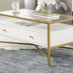 Gold & white Coffee Table With Drawers And Storage 
