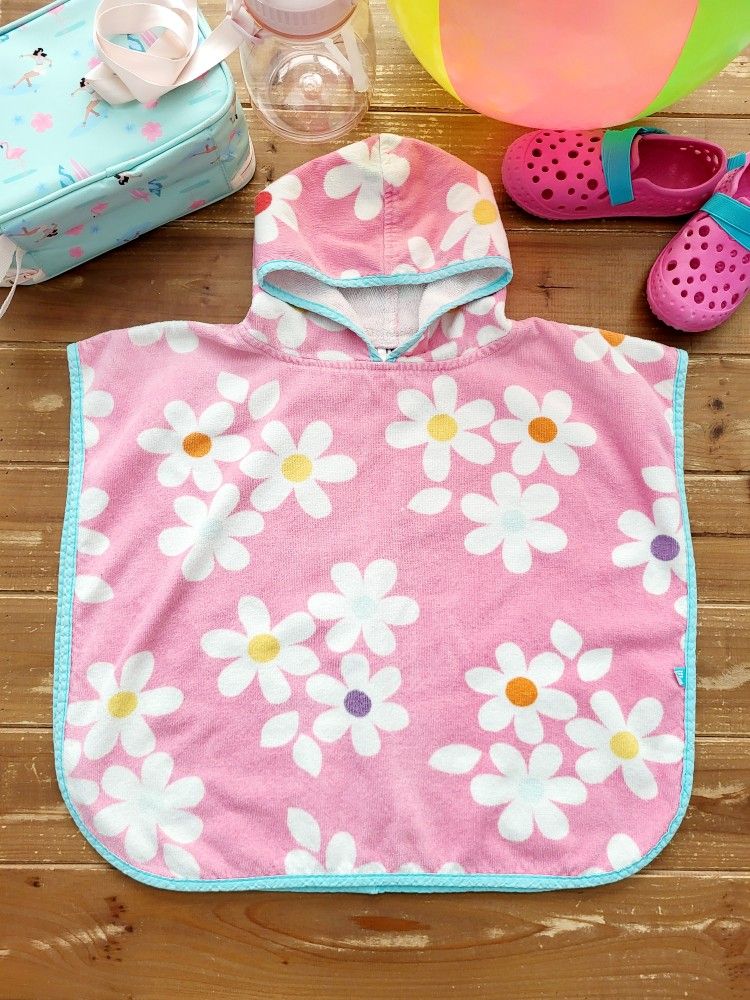 12-24MOS PINK DAISY PRINT TERRY CLOTH HOODED PONCHO TOWEL