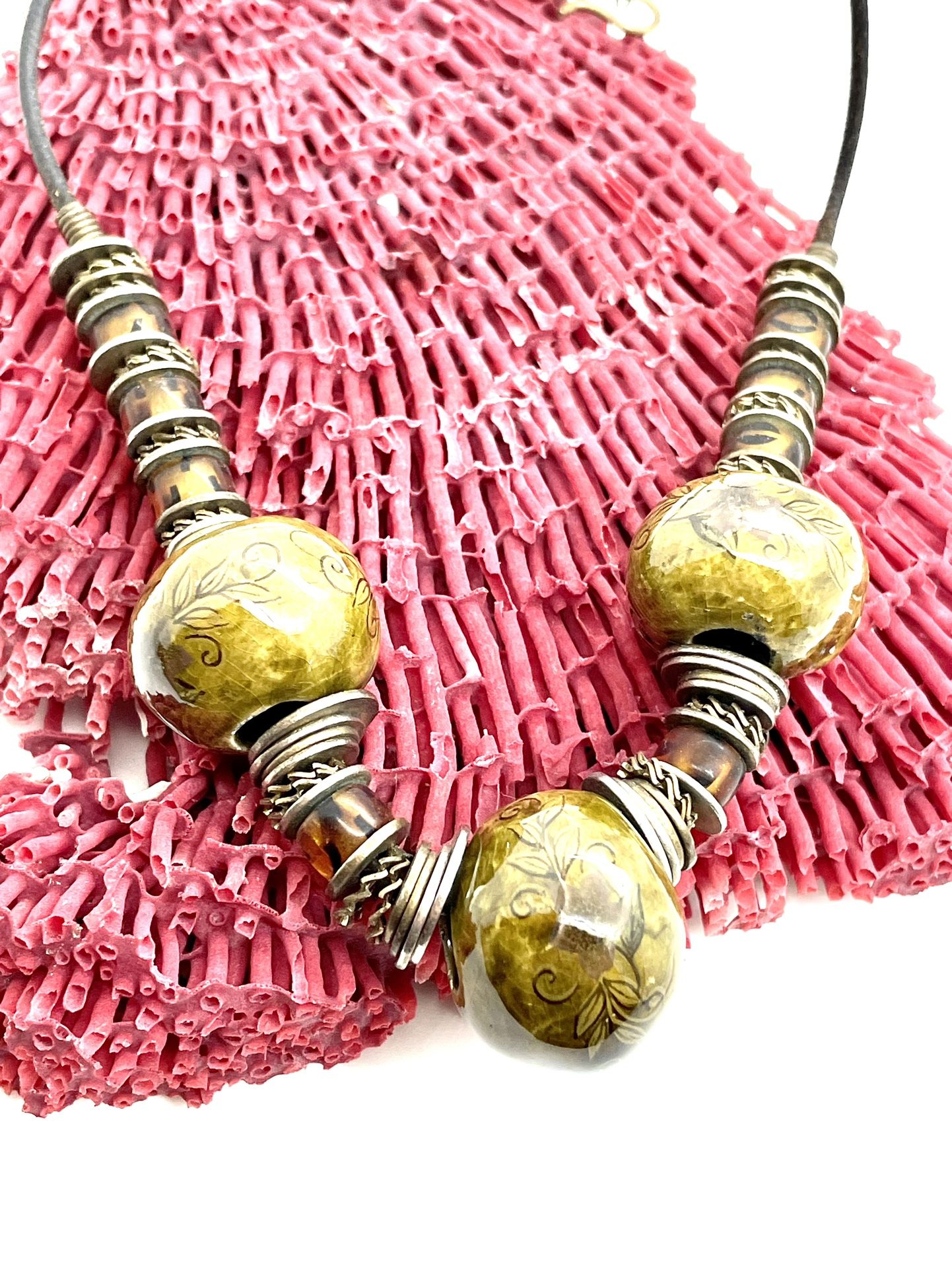 Olive Green Decorative Beaded Necklace