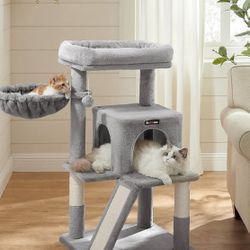 Cat Tree, Small Cat Tower with Widened Perch for Large Cats Indoor, Kittens, 37.8-Inch Multi-Level Cat Condo, Scratching Posts and Ramp, 2-Door Cat Ca
