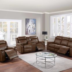 Brand New Brown Leather Power Reclining 3pc Sofa Set 