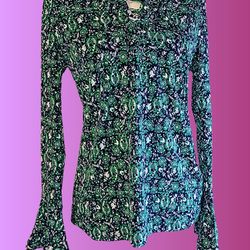 Womens Medium Green Print Bell Sleeve Hippie Michael Kors Top