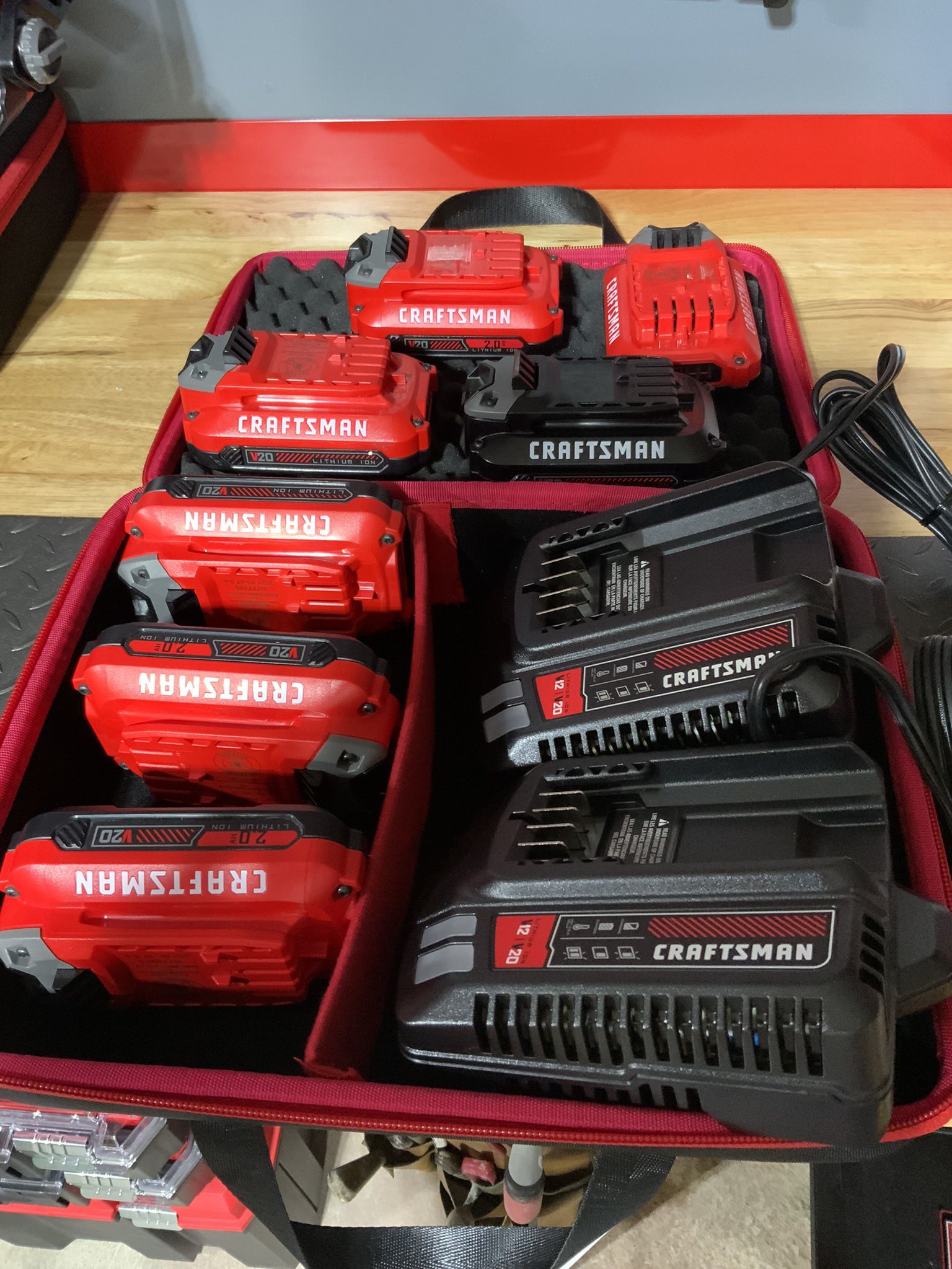 7 Unused Craftsman V20 Batteries,and 2 chargers.and Storage Case.