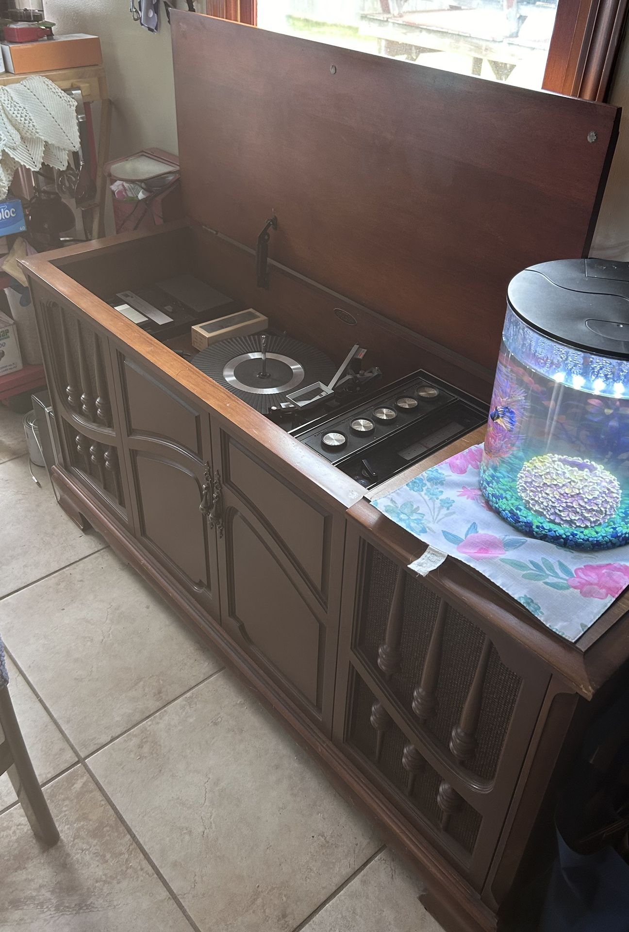 Vintage, Solid Wood Console, w/Sears Silvertone Stereo, record player, recorder, microphone, etc. with speakers On Each End