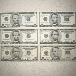 5 dollar bills vintage real money( total of 6bills)