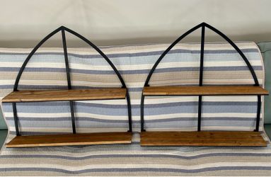 2 Pc Coastal Rustic Arched Wood and Metal Wall Shelves