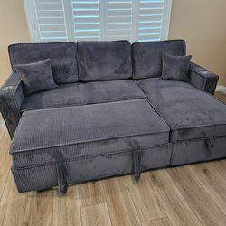 Brand New Sofa Sectional Corduroy Fabric Grey Pull Out Bed & Storage Chaise $429