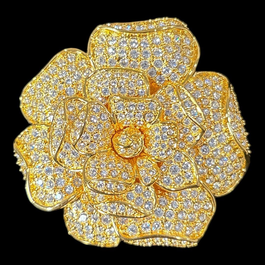 NWOT Nolan Miller Stanwyck Gardenia Brooch Pavé Clear Crystal Gold-Tone Pin Vntg