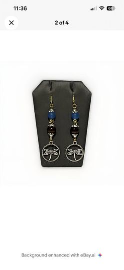 Handmade Silver Dragonfly Dangle Earrings Blue Brown Bead Gold Tone Fish Hook