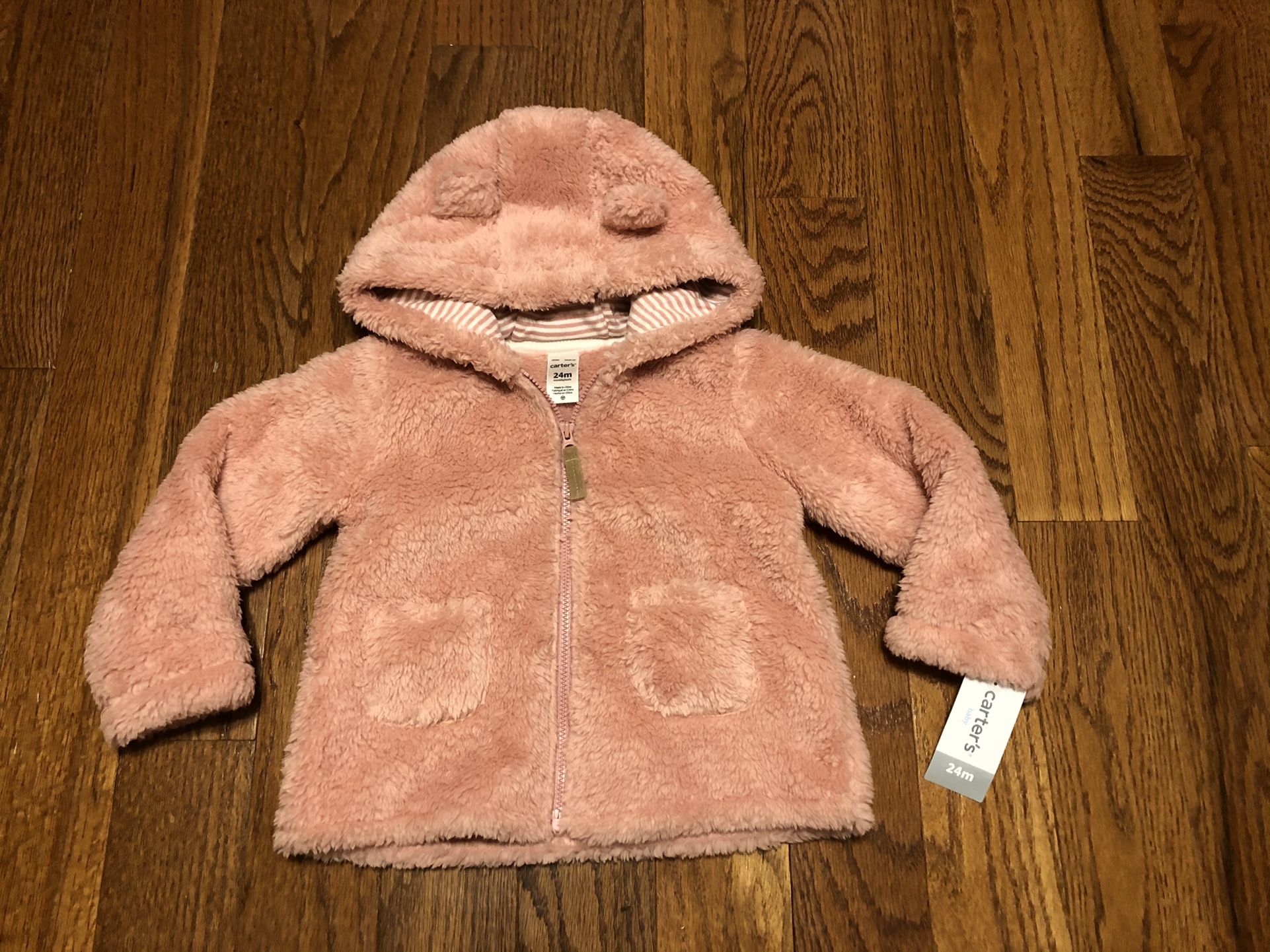 New Carter’s Baby Toddler Girl 24 Months Pink Sherpa Jacket With Hood, Cute Bear Ears On Hood. Super Soft & Warm $10 Firm Price Cash At Pickup In Apex