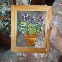 Vtg Wood Framed Handmade Stained Glass Potted Plant Floral 