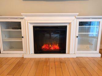 White Electric Fireplace Entertainment Center with Glass Media Cabinets