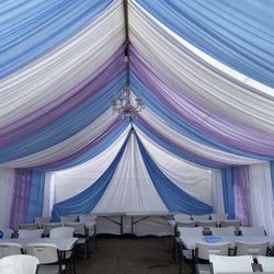 Draping——-tent——-chairs——tables——tablecloth———