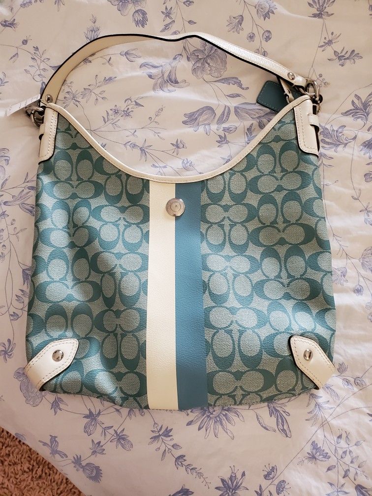 Coach Hobo Hand Bag, Turquoise and White