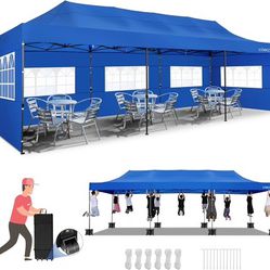 10' x 30' Pop Up Canopy Commercial Heavy Duty Tent Waterproof Outdoor Party Canopies with 8 Removable Sidewalls, Carrying Bag, 4 Stakes, 4 Ropes, Blac