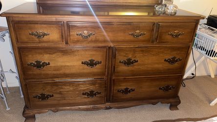 Wooden dresser with mirror/bedframe and drawer