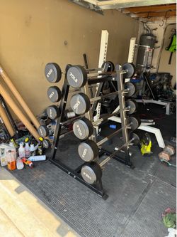 Rubber fixed straight bars 20-110lbs plus rack 650lbs total
