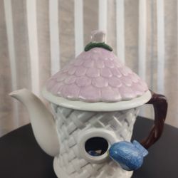 Vintage Teleflora Birdhouse teapot blue bird with pink lid collectable tea pot