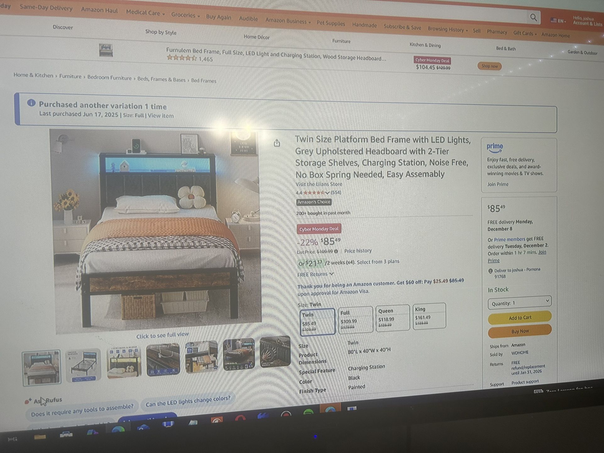 Twin Size Platform Bed Frame, Grey Upholstered Headboard with LED Lights, with 2-Tier Storage Shelve