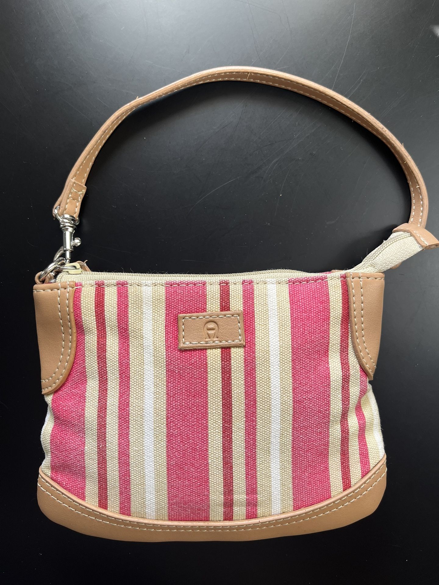 💙 Etienne Aigner Pink and Cream Striped Canvas Wristlet Bag