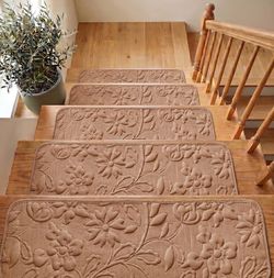 Soft Knee Friendly Stair Treads, 15-Pack 3D Embroidery Carpet Mats with Non-Slip Backing for Hardwood Steps, Machine Washable - Safe for Kids, Pets & 