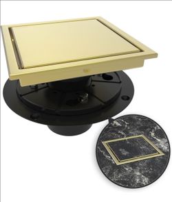 (Brand New in Box) 
WEBANG 6 Inch Square Shower Drain Gold Floor Drain with Flange Reversible 2-in-1 Cover Tile Insert Grate Removable SUS304 Stainles