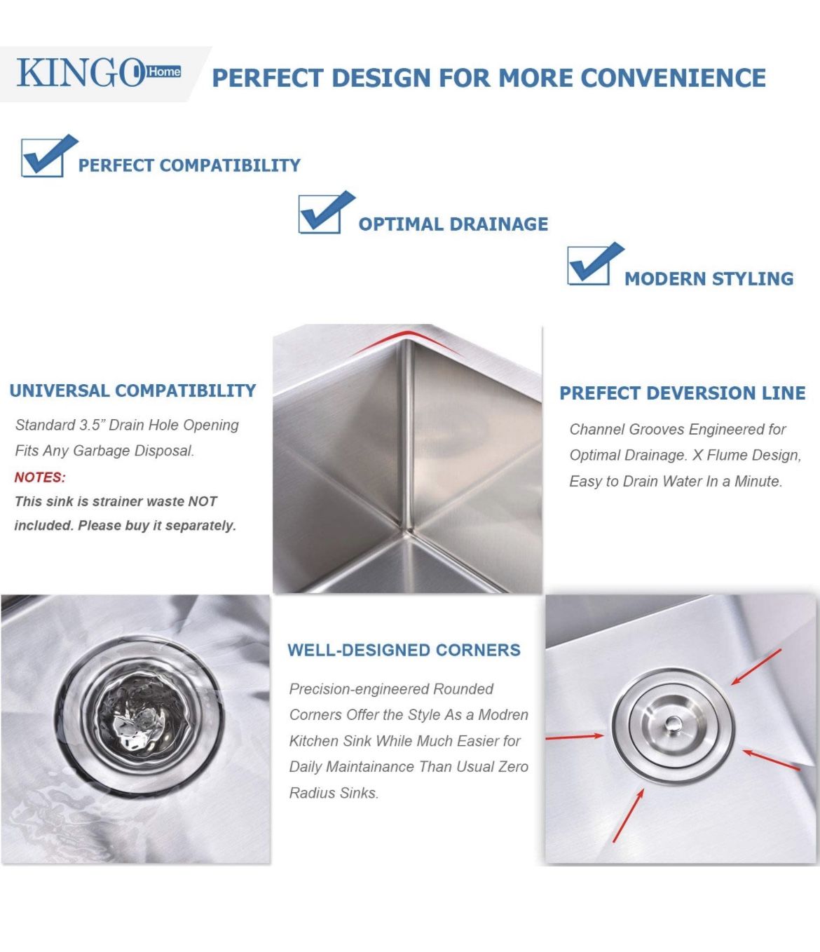 KINGO HOME 33 x 22 Inch Drop in Stainless Steel Kitchen Sink, Single