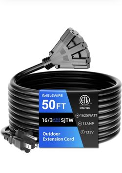 50 FT 3 Outlet Outdoor Extension Cord Waterproof, 16/3 SJTW Black Extension Cord with Multiple Outlets, Heavy Duty 16 Gauge 3-Prong Grounded Power Cab