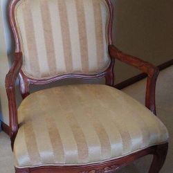 Gold Striped Upholstered Accent Chair with Wooden Arms