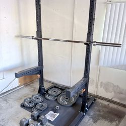 ROGUE Home Gym Setup – Squat Stand + Barbell + 230lb Plates + Dumbbells – Bench -Ready to Lift